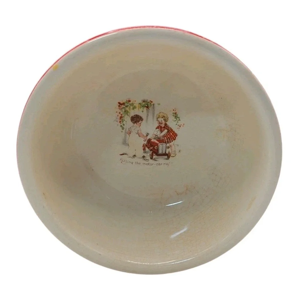 Antique Putting The Motor Car Right Childs Porcelain Bowl Red Trim Cereal Soup